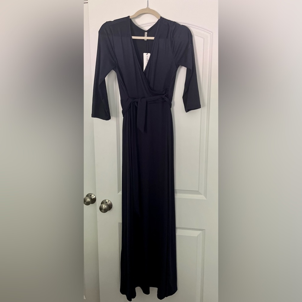Mother Bee Maternity 3/4 sleeve long dress with adjustable belt